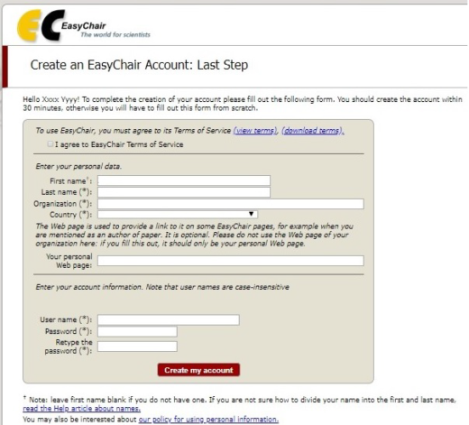 Creating an EasyChair Account – EPMCCS2018